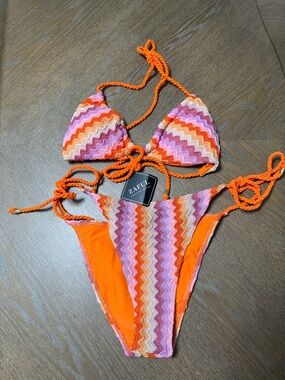 Zaful Orange Pink Purple Chevron Crochet Bikini